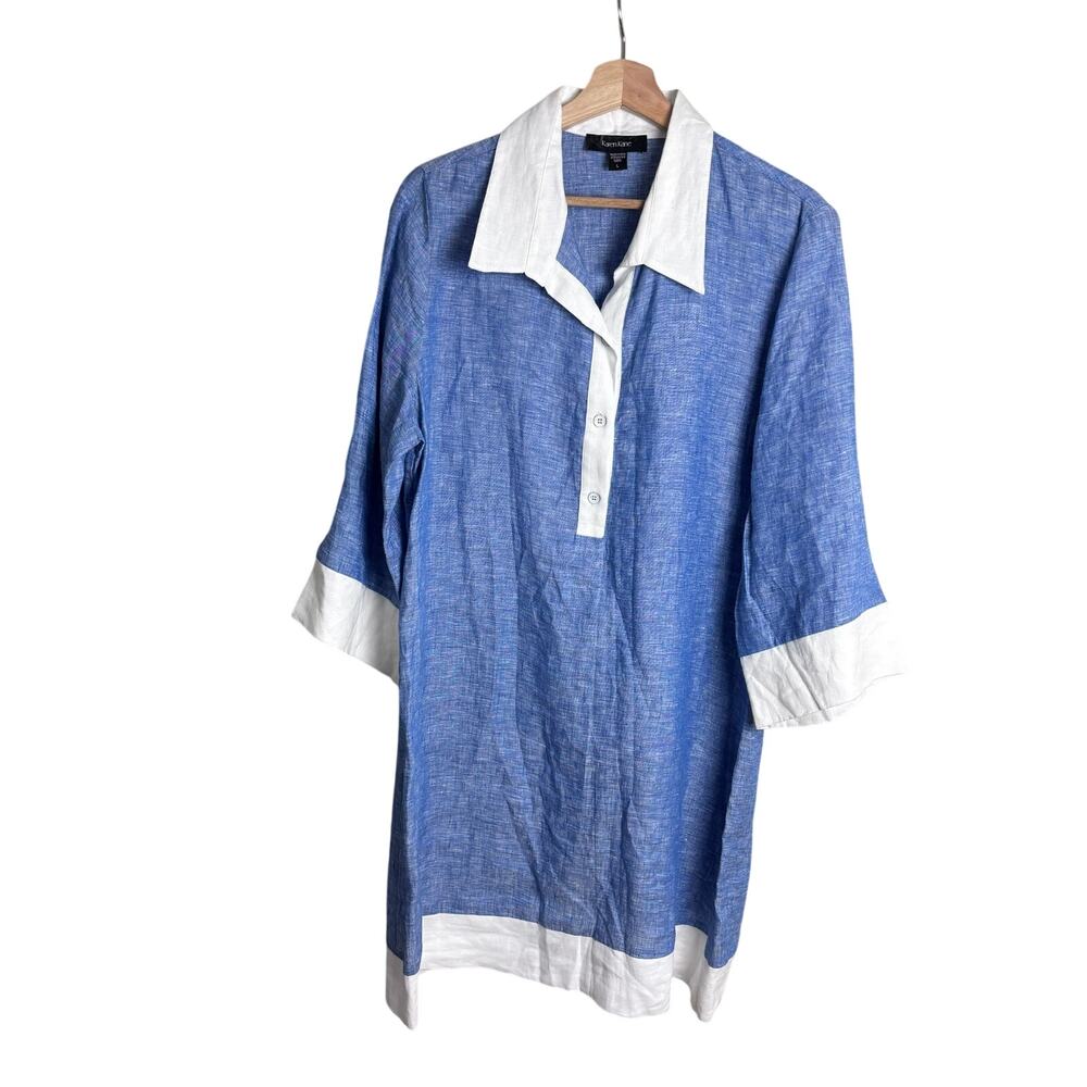 Karen Kane Linen Shirt Dress Blue White Striped Boxy Fit Women’s L - Picture 2 of 8